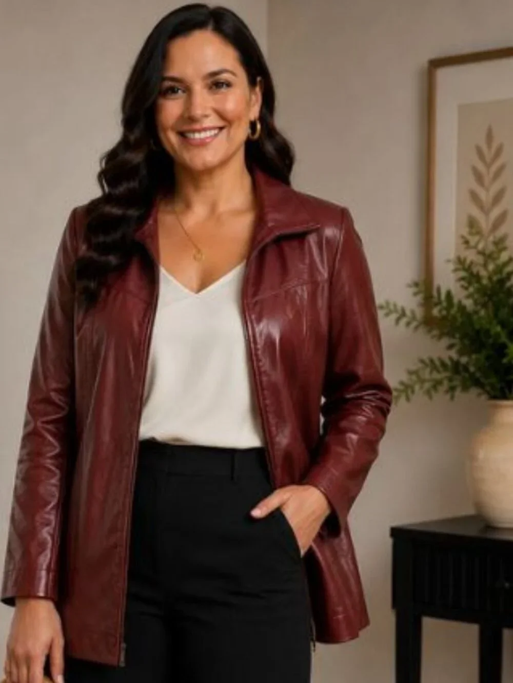 Woman Within 22W Genuine Leather Jacket Burgundy Wine Red Zip Front Plus Size